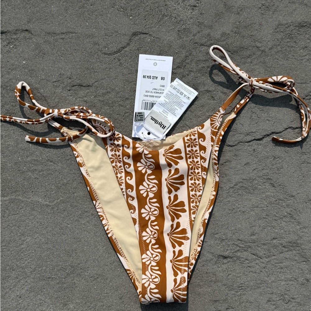 Rhythm. Seafarer tie side hi cut bikini bottom Brown and Cream Bikini Bottom